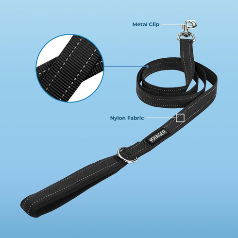 Voyager Reflective Dog Leash with Neoprene Handle, 5ft Long, Supports Small, Medium, and Large Breed Puppies, Cute and Heavy Duty for Walking, Running, and Training - Black (Leash), M
