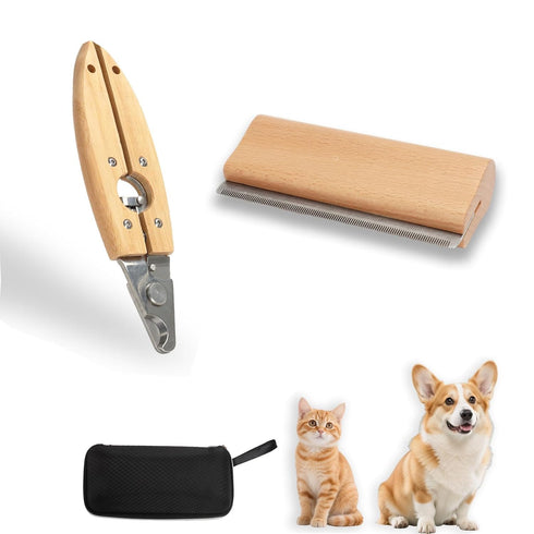 Wooden Deshedding Brush & Nail Clipper for Dogs Cats, 2-in-1 Grooming Kit for Short/Long Hair with Storage Box