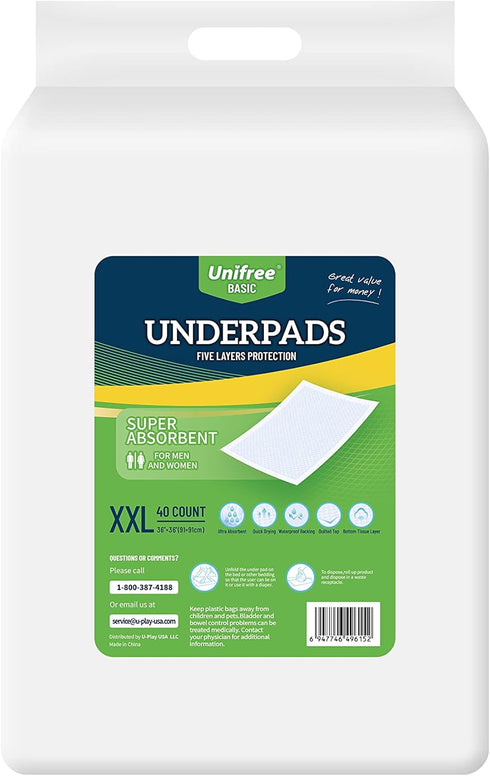 Unifree Disposable Underpads, Bed Pads, Incontinence Pad, Super Absorbent, 40 Count, Blue