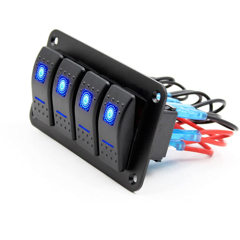 FXC Rocker Switch Aluminum Panel, 4 Gang Toggle Switches Dash, 5 Pin ON/Off, 2 LED Backlit for Boat Car Marine Blue