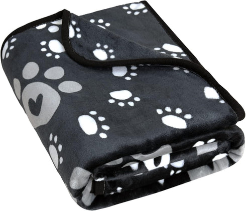 Soft Fleece Dog Blanket for Small Medium Dogs, Cute Paw Print Fluffy Flannel Pet Blanket Mat Cover for Bed Couch, Black