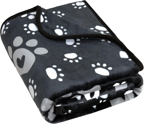 Soft Fleece Dog Blanket for Small Medium Dogs, Cute Paw Print Fluffy Flannel Pet Blanket Mat Cover for Bed Couch, Black