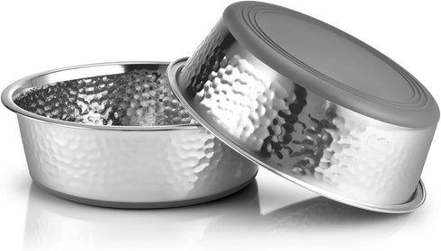 2 Pack Hammered Stainless Steel Dog Bowls - Premium Non-Slip Metal Bowls, Dishwasher Safe, 8 Cup, Gray Bottom