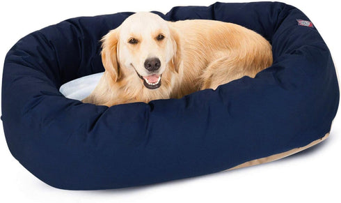 Majestic Pet 40 Inch Cozy Round Dog Bed, Washable Sherpa Calming Bed with Spine Support, Fluffy Donut, Navy Blue