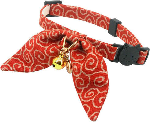 PetSoKoo Bunny Ears Cat Collar with Japan Lucky ‘???’ Charm, Red Safety Breakaway Bowtie Kitten Collar with Bell