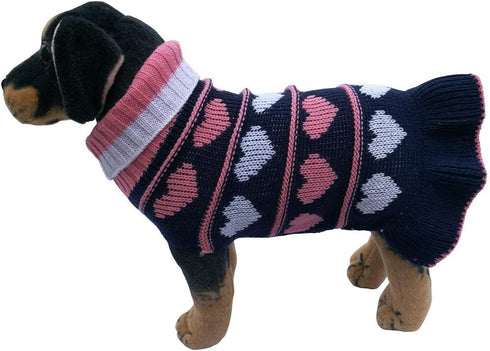 Jecikelon Pet Dog Long Sweater Dress, Knitwear Turtleneck Pullover for Winter, Navy Heart, Small