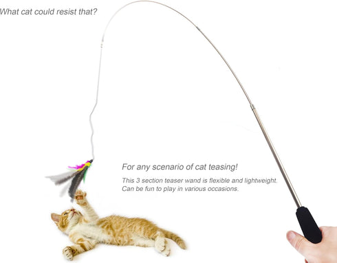Cat Toys Wand, Retractable Interactive Feather Teaser Cat Toy with Bell, 5pcs Refills