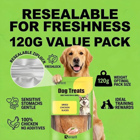 Sensrit 100% 120g (68%) Dried Chicken Slices Dog Treats - Single Ingredient Jerky, High Protein Real Chicken Breast