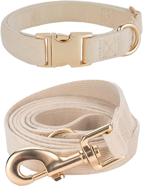 Soft Corduroy Dog Collar and Leash Set, Adjustable Cotton Collars with Metal Buckle for Small Dogs, Beige