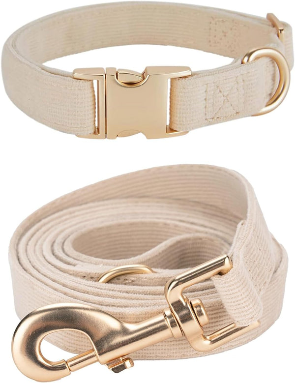 Soft Corduroy Dog Collar and Leash Set, Adjustable Cotton Collars with Metal Buckle for Small Dogs, Beige