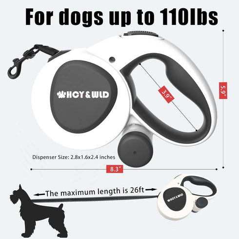 Upgrade 3-in-1 Retractable Dog Leash, 26 ft Heavy Duty with Integrated Dispenser & Poop Bags, for Dogs up to 110 lbs
