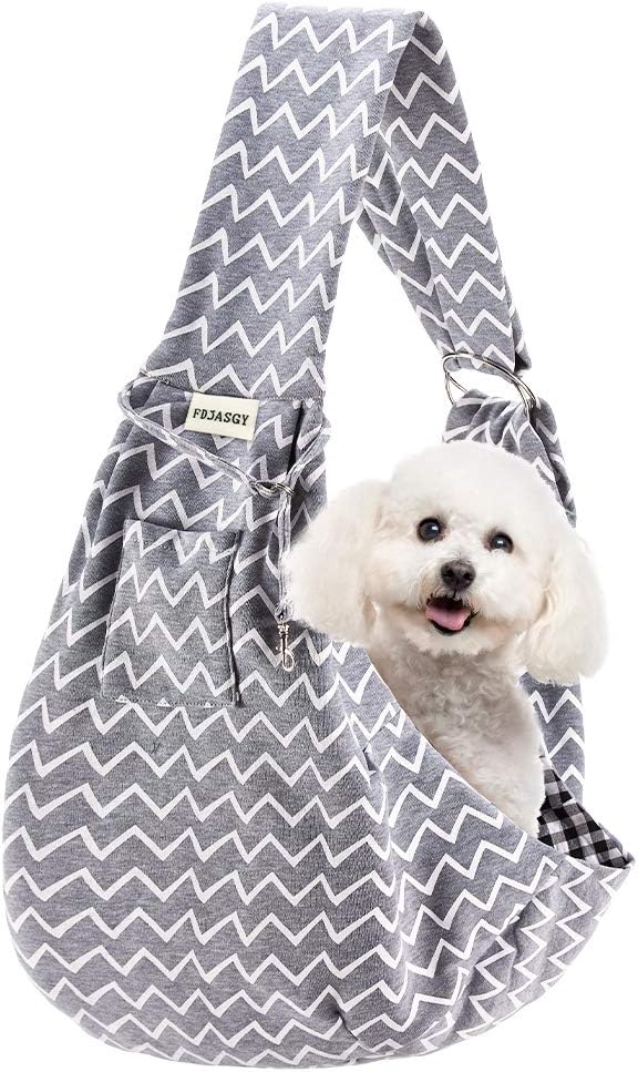 FDJASGY Small Pet Sling Carrier - Hands Free Reversible Tote Bag with Pocket Safety Belt for Dog Cat Outdoor Travel