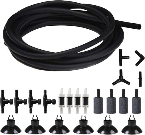 JIH Aquarium 25 Feet 3/16 Inch ID Flexible Airline Tubing with Check Valves, Suction Cups, and Air Stone