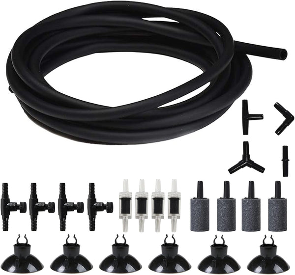 JIH Aquarium 25 Feet 3/16 Inch ID Flexible Airline Tubing with Check Valves, Suction Cups, and Air Stone