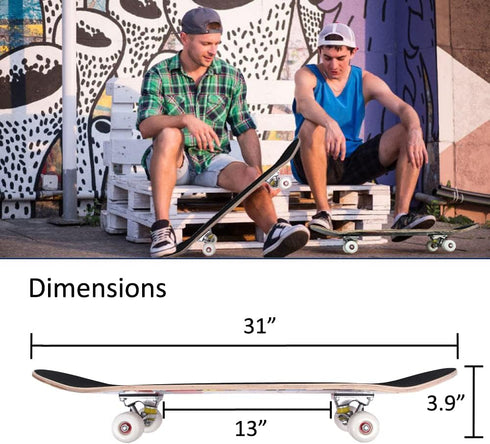 Skateboards for Beginners - 31 Inch Pro Complete Skate Boards, 7 Layer Canadian Maple, Double Kick Concave