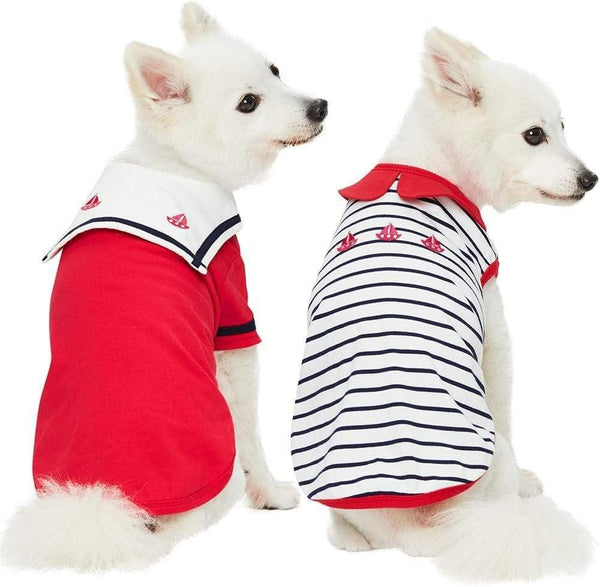 Blueberry Pet Soft & Comfy Summer Vacation Beach Cotton Dog T-Shirts (2 Pack) - Cerise Red Sailor Suit Shirts for Small
