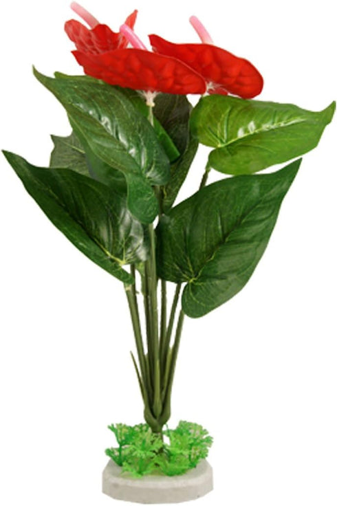 Ruilogod Aquarium Aquascaping Green Red Anthurium Flower Leaf Plastic Ornament w Ceramic Base
