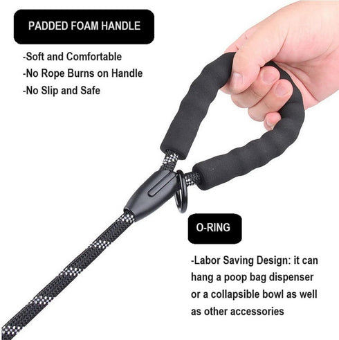 Round Rope Dog Leash 5 FT with Comfortable Padded Handle, Highly Reflective Threads for Medium & Large Dogs (Black, 5