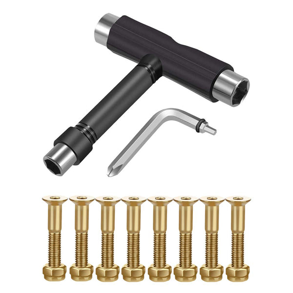 Skateboard Hardware 8PCS Bolts Set and All-in-One Portable Skate Tools with L-Type Phillips Head Wrench