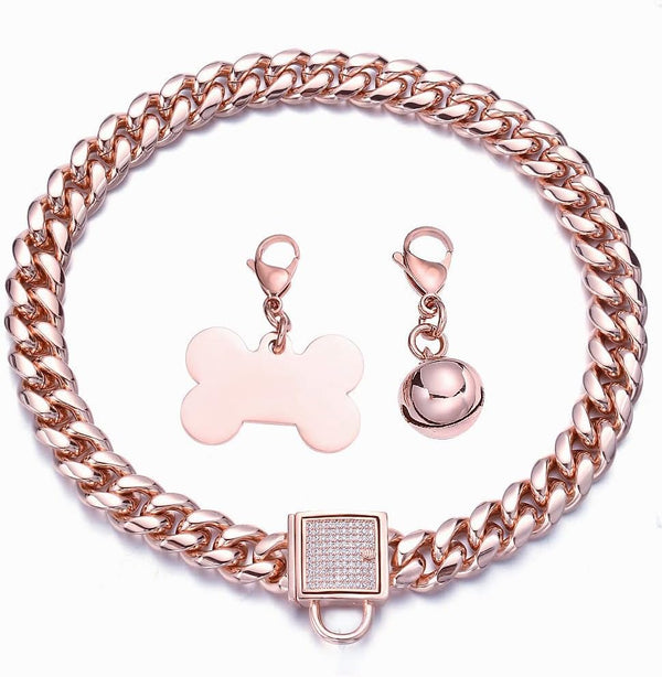 Rose Gold Chain Dog Collar 10MM/14MM Cuban Link Chew Proof Stainless Steel for Small Medium Large Dogs (14mm, 14inch)