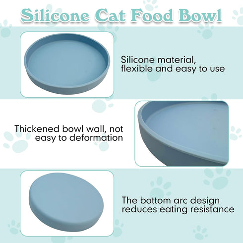 Silicone Cat Bowl Set of 2, Shallow Cat Food Dish, 7in Wide Plates for Whisker Fatigue Relief