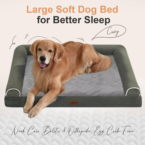 Large Orthopedic Dog Bed, Washable Bolster XL Memory Foam Sofa Couch with Removable Cover - Dark Green