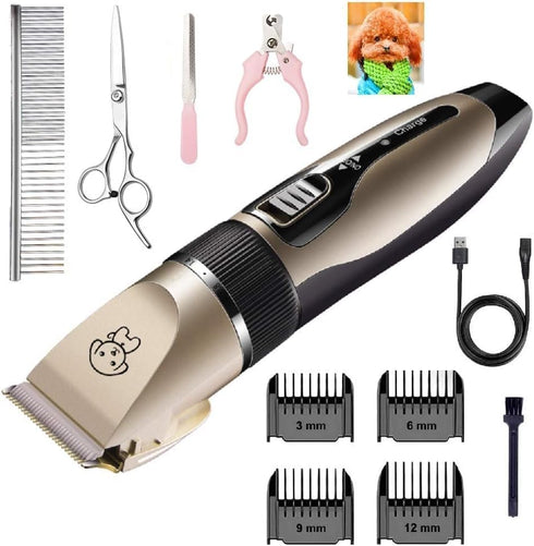 Dog Grooming Kit, Low Noise Rechargeable Cordless Electric Hair Clippers Set for Dogs and Cats