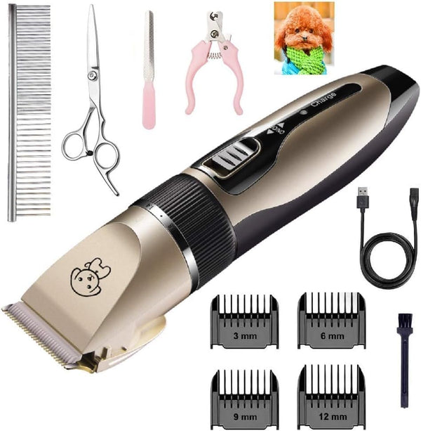 Dog Grooming Kit, Low Noise Rechargeable Cordless Electric Hair Clippers Set for Dogs and Cats