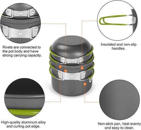Odoland 16pcs Camping Cookware Mess Kit, Lightweight Pot Pan Mini Stove with 2 Cups, Fork Spoon for Outdoor Camping