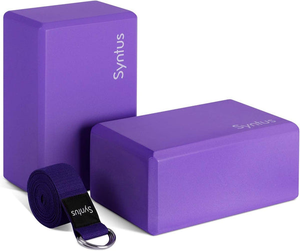 Syntus Yoga Block and Yoga Strap Set, 2 Soft Non-Slip Yoga Blocks 9×6×4 inches, 8FT Metal D-Ring Strap for Fitness