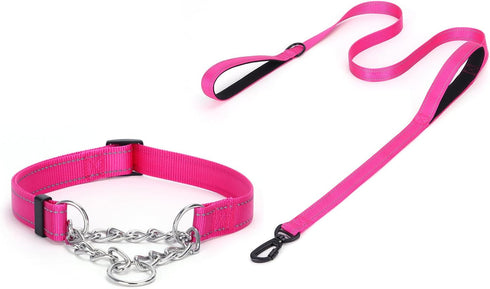 Martingale Dog Collar with Reflective Stainless Steel Chain, Adjustable for Medium Large Dogs (M, Hot Pink Set)