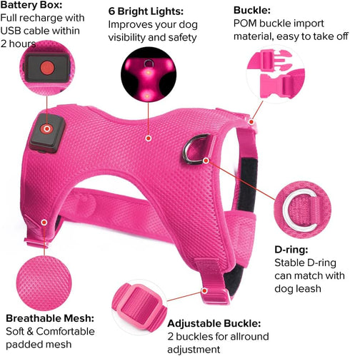 Light Up Dog Harness, No-Pull LED Rechargeable Glowing Pet Harness for Night Walking & Camping, Hotpink