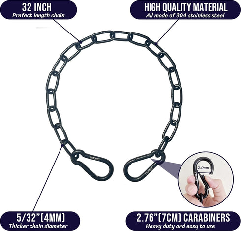 304 Stainless Steel Gate Chain 32" x 5/32" - Chain Link Gate Latch for Outdoor Fence & Livestock - Safety Hanging Metal Chain with 2 M7 Carabiners - Black (1 Pack)