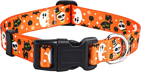 Halloween Dog Collar with Pumpkin Bat Ghost Pattern, Adjustable for Small Medium Large Dogs (Halloween, S)