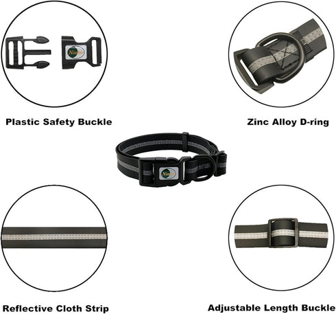NIMBLE Waterproof Dog Collar, Durable Adjustable Pet Collars with Reflective Cloth Stripe, S/M/L Sizes, Large, Black