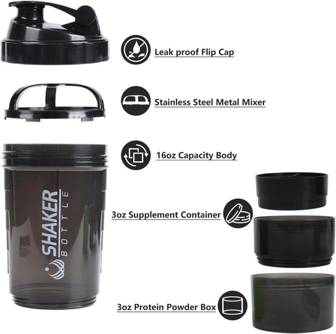 Protein Shaker Bottle - Leak Proof Sports Water Bottle for Protein Mixer, 16 oz Shake Cup with Storage (Black)