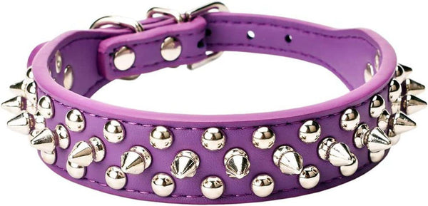 Spiked Dog Collar, Soft PU Leather Adjustable Pet Collar with Rivet Studs for Small Breeds (M, Purple)