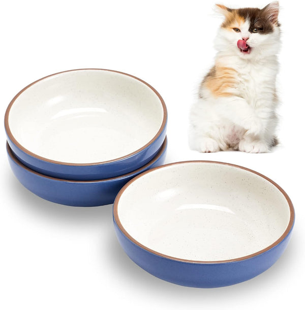 Howise 5.19 in Ceramic Cat Dishes, Shallow Cat Food Bowls for Food and Water, 3 Pack Navy Ceramic Bowls