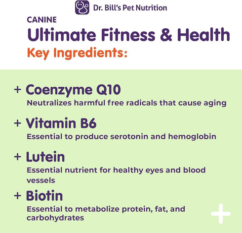 Dr. Bill’s Canine Ultimate Fitness & Health Vitamins for Dogs - 340g Multivitamin with Coenzyme Q-10, Vitamin E,