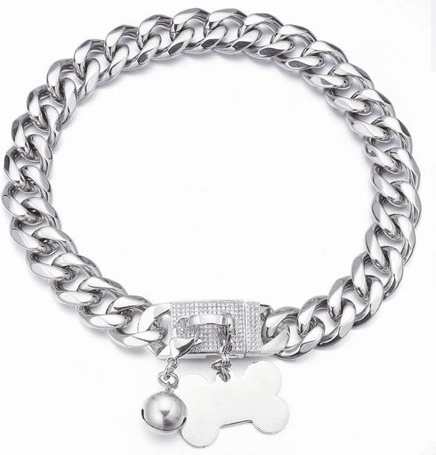 Silver Dog Chain Collar Cuban Link with Cubic Zirconia Buckle, ID Tag and Bell (15mm/19mm, 10-26inch)