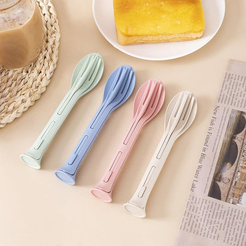 Generic 3PCS Set 3 1 Wheat Straw Cutlery, Reusable Utensils Portable Travel in Spoon Fork Knife Tableware