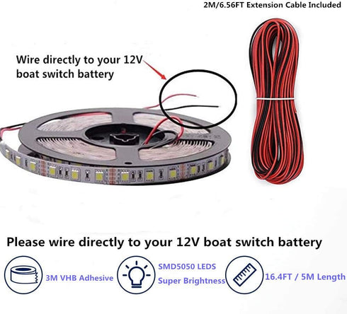 Pontoon LED Strip Lights, 12V 5M Waterproof Marine Light for Boat Interior, Night Fishing Deck Lights (Blue)