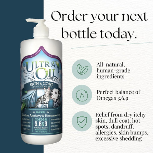 32oz Ultra Oil Dog & Cat Supplement with Hemp, Flaxseed & Fish Oils - - For Dry Skin, Dull Coat, Hot Spots, Dandruff