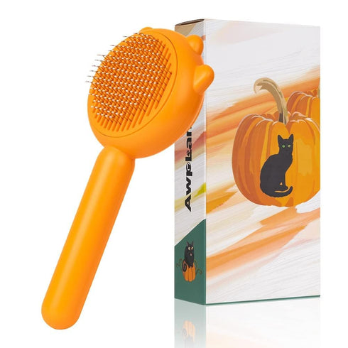 Awpland Pumpkin Cat Brush with Release Button, Pumpkin Shape Self-Cleaning Hair Brush for Dogs Cats and Rabbits