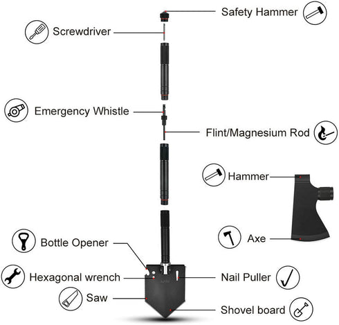iunio Survival Shovel Axe Kit, Camping Multitool Folding Pickaxe with Hard Carrying Case for Outdoor Emergency