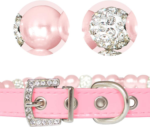 KUDES Small Dog Cat Pearl Collars with Crystal Rhinestone Diamond Décor, Adjustable Fashion PU Leather for Small Pets