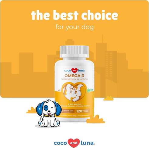 Omega 3 Fish Oil for Dogs, 120 Chewable Tablets with Omega 3, 6, 9, Vitamin E for Shedding, Dry Skin, Joint Support