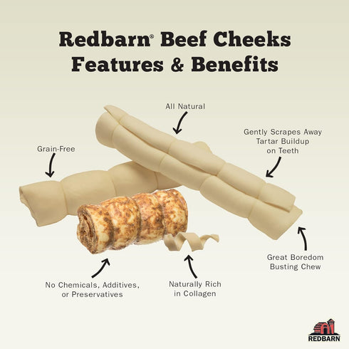 Pack 4 Redbarn Pet Products All-Natural Large Beef Cheek Rolls for Dogs, Uncoated - Single Ingredient Grain-Free Chew