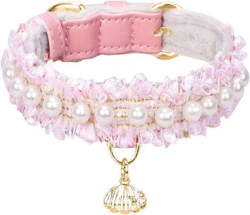PetsHome Premium PU Leather Cat and Dog Collar, Adjustable, Cute Pearl, Beautiful Lace, Small Pink