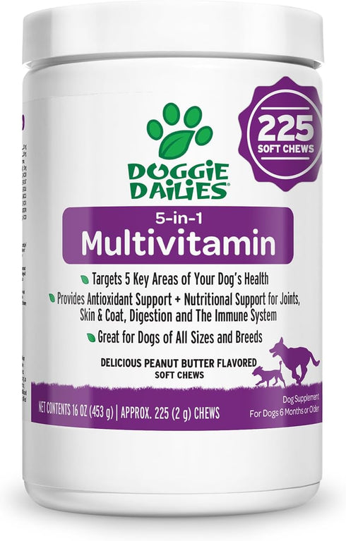 Doggie Dailies 5 in 1 Multivitamin for Dogs, 225 Soft Chews - Supports Skin & Coat, Joint Health, Digestion, Immune